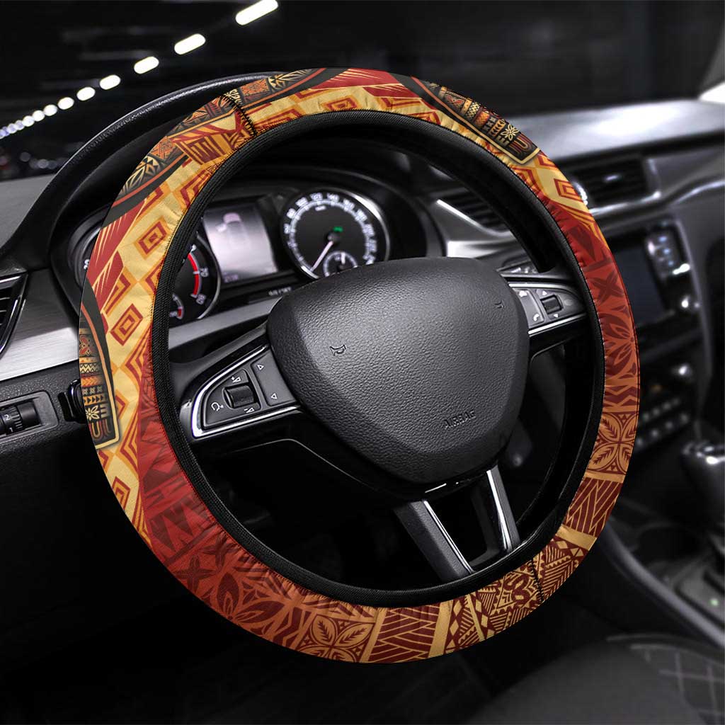 Samoan Pacific Tribal Flower Geometric Art Tattoos Steering Wheel Cover Siapo Pattern Flame Sunset - Polynesian Pride