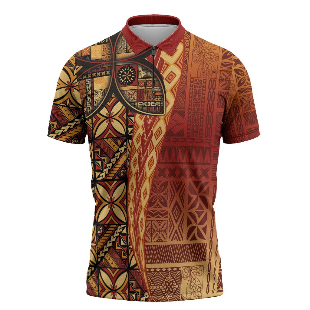 Samoan Pacific Tribal Flower Geometric Art Tattoos Zipper Polo Shirt Siapo Pattern Flame Sunset - Polynesian Pride