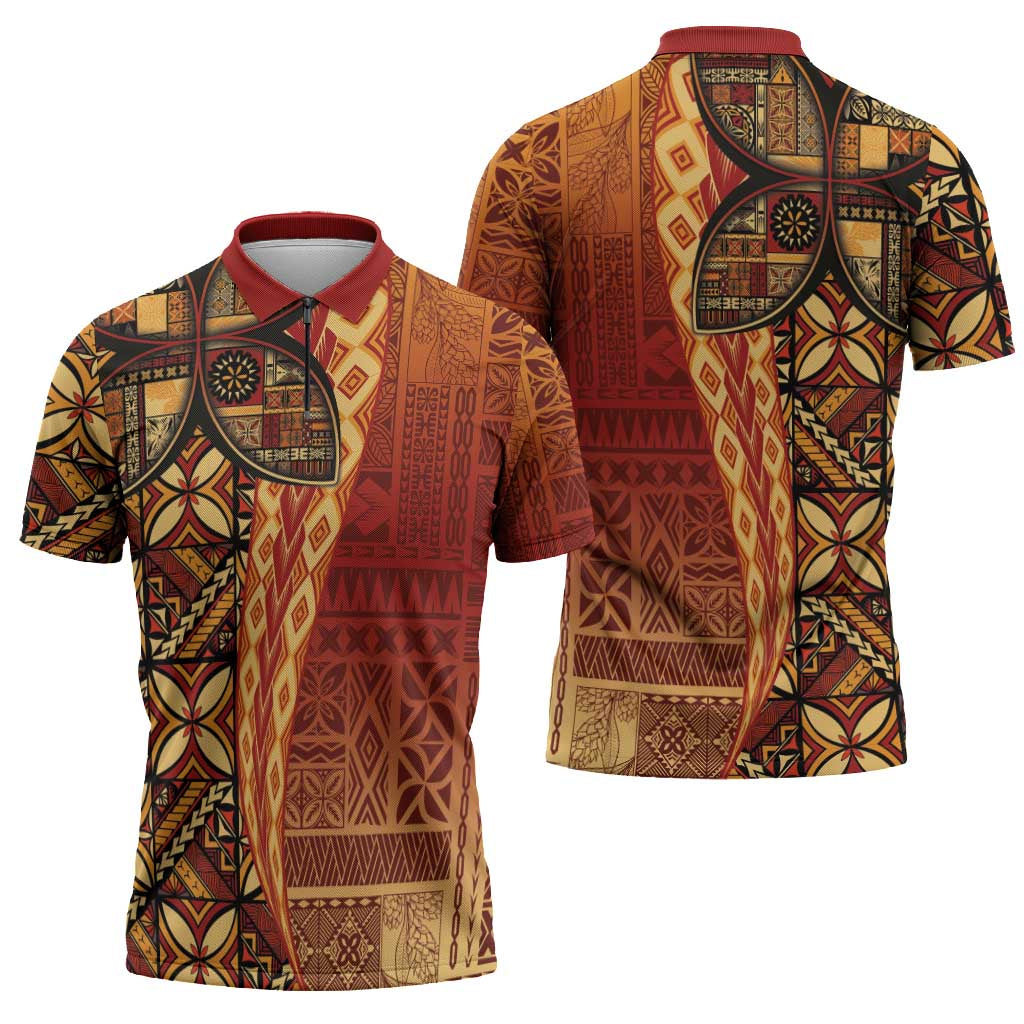 Samoan Pacific Tribal Flower Geometric Art Tattoos Zipper Polo Shirt Siapo Pattern Flame Sunset - Polynesian Pride