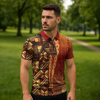 Samoan Pacific Tribal Flower Geometric Art Tattoos Zipper Polo Shirt Siapo Pattern Flame Sunset - Polynesian Pride