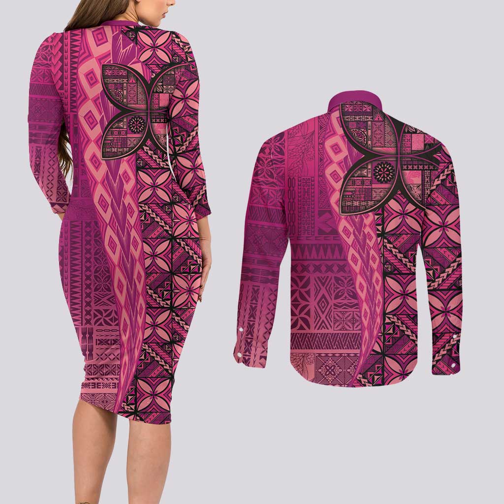 Samoan Pacific Tribal Flower Geometric Art Tattoos Couples Matching Long Sleeve Bodycon Dress and Long Sleeve Button Shirt Siapo Pattern Romantic Rose - Polynesian Pride