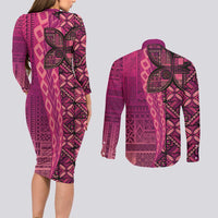 Samoan Pacific Tribal Flower Geometric Art Tattoos Couples Matching Long Sleeve Bodycon Dress and Long Sleeve Button Shirt Siapo Pattern Romantic Rose - Polynesian Pride