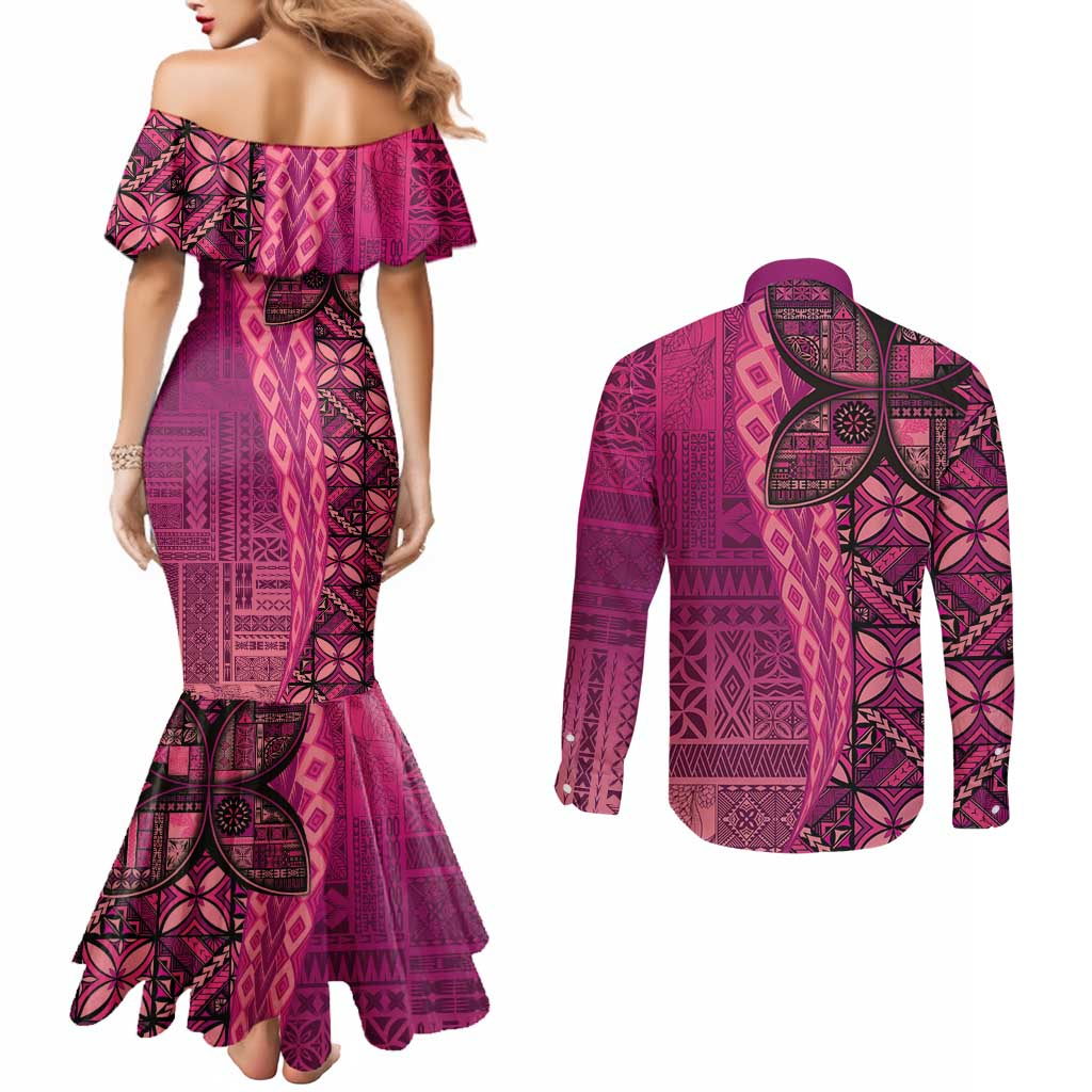 Samoan Pacific Tribal Flower Geometric Art Tattoos Couples Matching Mermaid Dress and Long Sleeve Button Shirt Siapo Pattern Romantic Rose - Polynesian Pride
