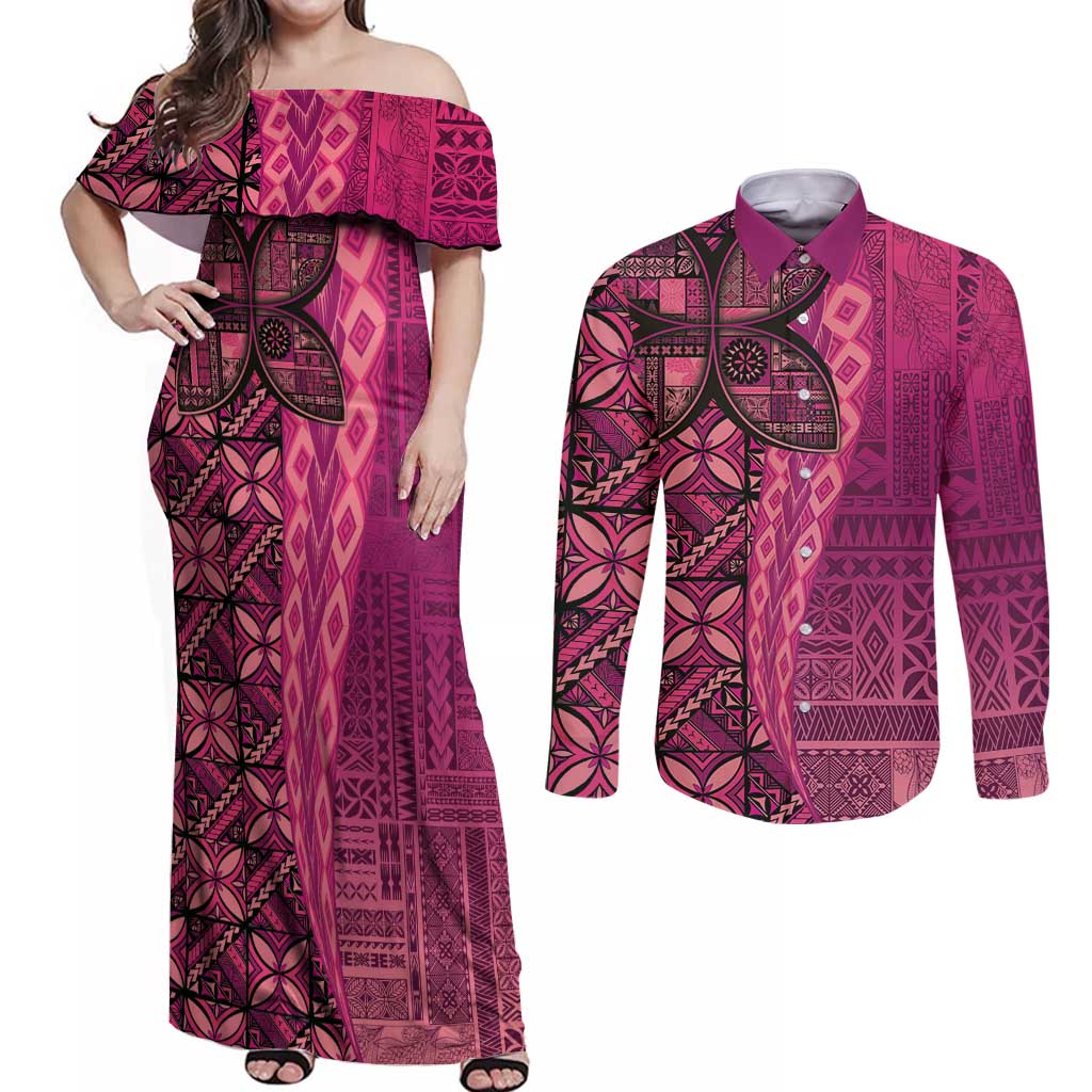 Samoan Pacific Tribal Flower Geometric Art Tattoos Couples Matching Off Shoulder Maxi Dress and Long Sleeve Button Shirt Siapo Pattern Romantic Rose - Polynesian Pride