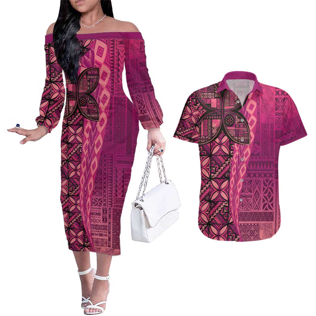 Samoan Pacific Tribal Flower Geometric Art Tattoos Couples Matching Off The Shoulder Long Sleeve Dress and Hawaiian Shirt Siapo Pattern Romantic Rose - Polynesian Pride