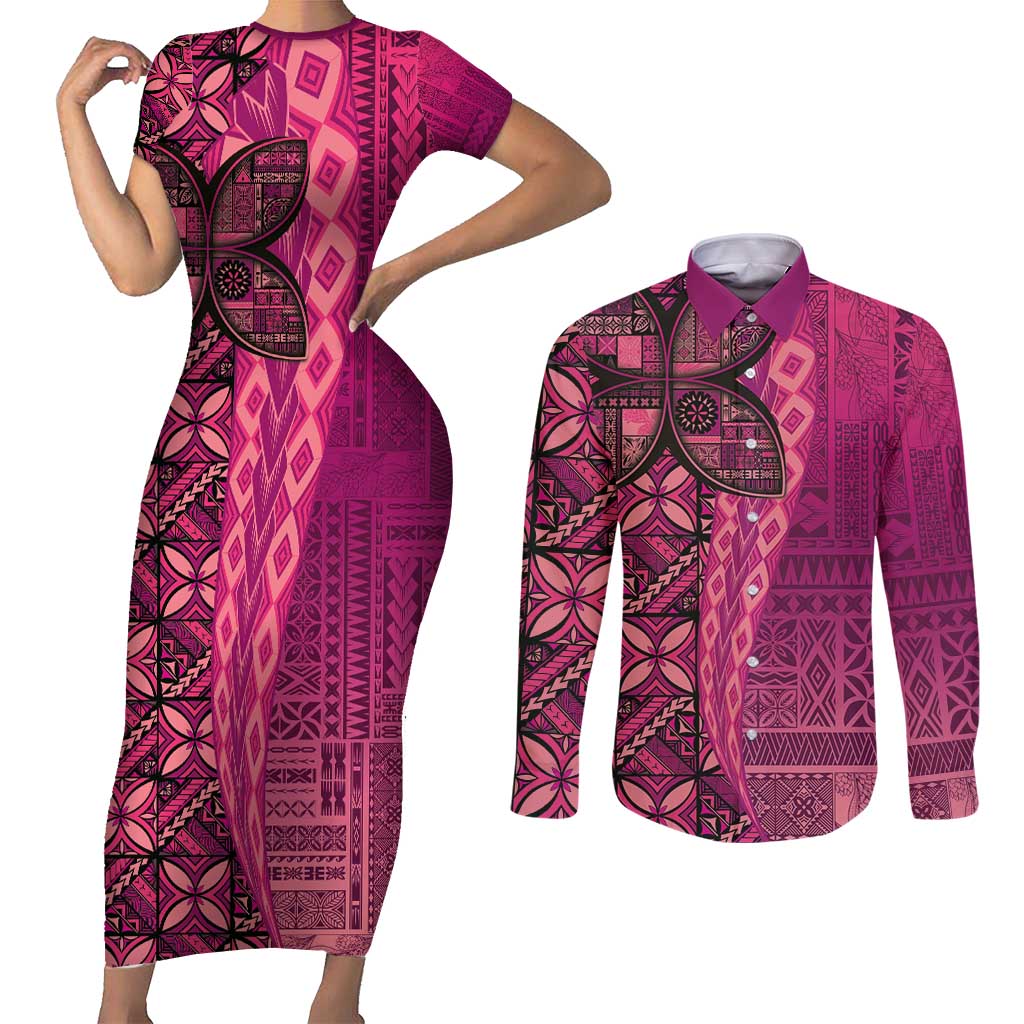 Samoan Pacific Tribal Flower Geometric Art Tattoos Couples Matching Short Sleeve Bodycon Dress and Long Sleeve Button Shirt Siapo Pattern Romantic Rose - Polynesian Pride