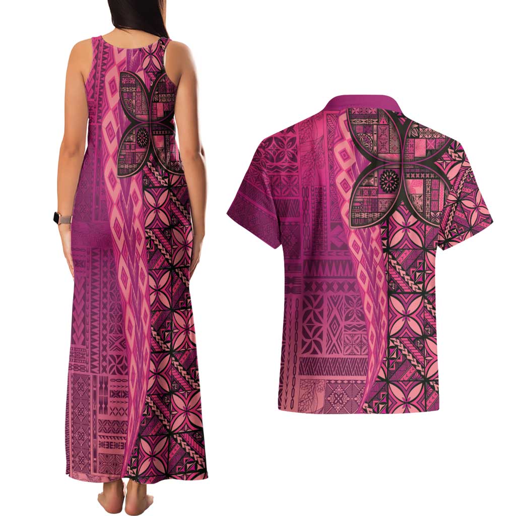 Samoan Pacific Tribal Flower Geometric Art Tattoos Couples Matching Tank Maxi Dress and Hawaiian Shirt Siapo Pattern Romantic Rose - Polynesian Pride