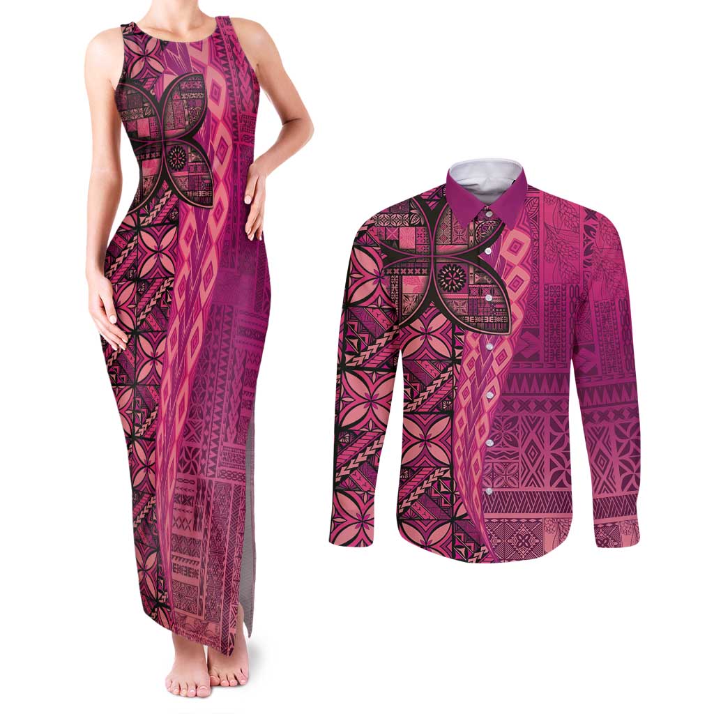 Samoan Pacific Tribal Flower Geometric Art Tattoos Couples Matching Tank Maxi Dress and Long Sleeve Button Shirt Siapo Pattern Romantic Rose - Polynesian Pride