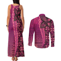 Samoan Pacific Tribal Flower Geometric Art Tattoos Couples Matching Tank Maxi Dress and Long Sleeve Button Shirt Siapo Pattern Romantic Rose - Polynesian Pride
