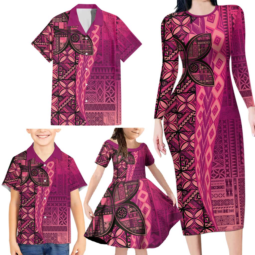 Samoan Pacific Tribal Flower Geometric Art Tattoos Family Matching Long Sleeve Bodycon Dress and Hawaiian Shirt Siapo Pattern Romantic Rose - Polynesian Pride