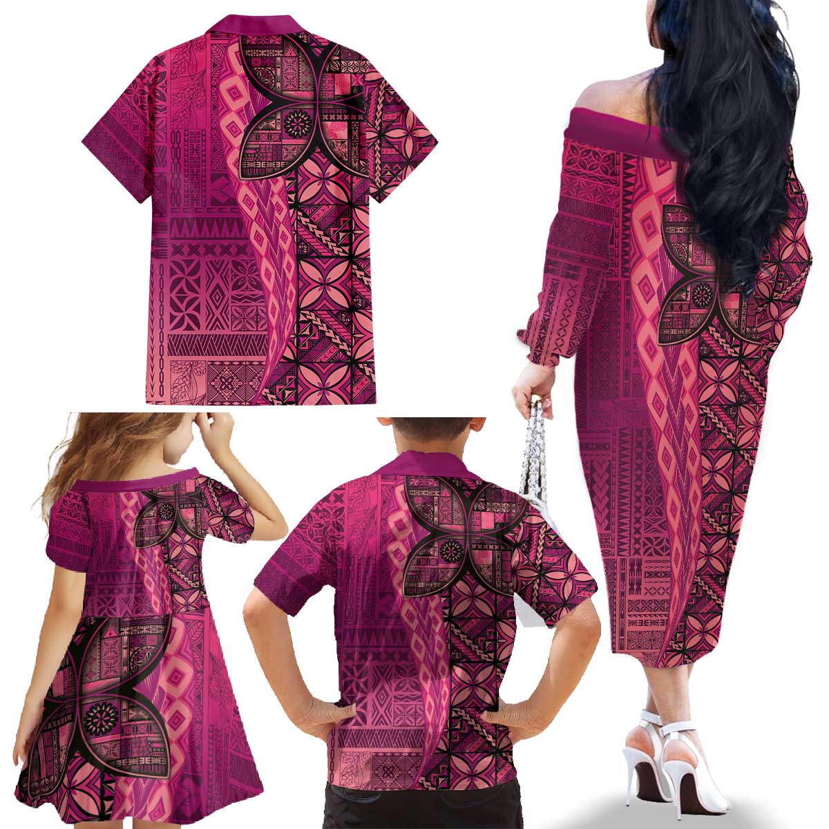 Samoan Pacific Tribal Flower Geometric Art Tattoos Family Matching Off The Shoulder Long Sleeve Dress and Hawaiian Shirt Siapo Pattern Romantic Rose - Polynesian Pride