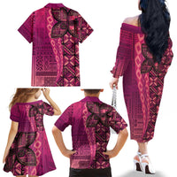 Samoan Pacific Tribal Flower Geometric Art Tattoos Family Matching Off The Shoulder Long Sleeve Dress and Hawaiian Shirt Siapo Pattern Romantic Rose - Polynesian Pride