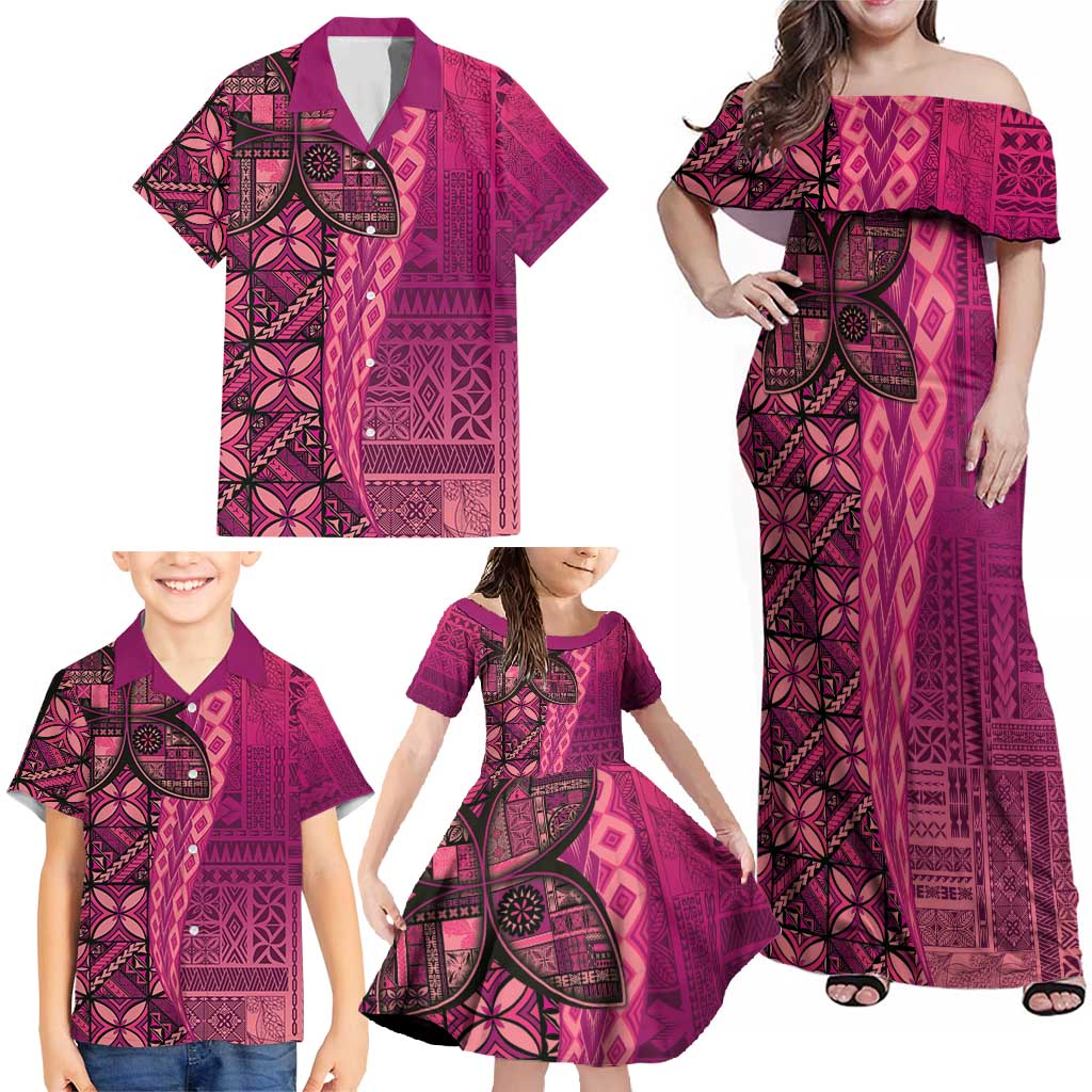 Samoan Pacific Tribal Flower Geometric Art Tattoos Family Matching Off Shoulder Maxi Dress and Hawaiian Shirt Siapo Pattern Romantic Rose - Polynesian Pride