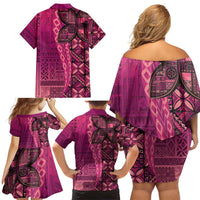 Samoan Pacific Tribal Flower Geometric Art Tattoos Family Matching Off Shoulder Short Dress and Hawaiian Shirt Siapo Pattern Romantic Rose - Polynesian Pride