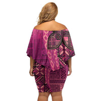 Samoan Pacific Tribal Flower Geometric Art Tattoos Family Matching Off Shoulder Short Dress and Hawaiian Shirt Siapo Pattern Romantic Rose - Polynesian Pride