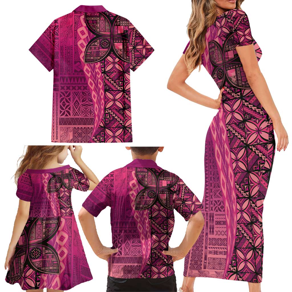 Samoan Pacific Tribal Flower Geometric Art Tattoos Family Matching Short Sleeve Bodycon Dress and Hawaiian Shirt Siapo Pattern Romantic Rose - Polynesian Pride