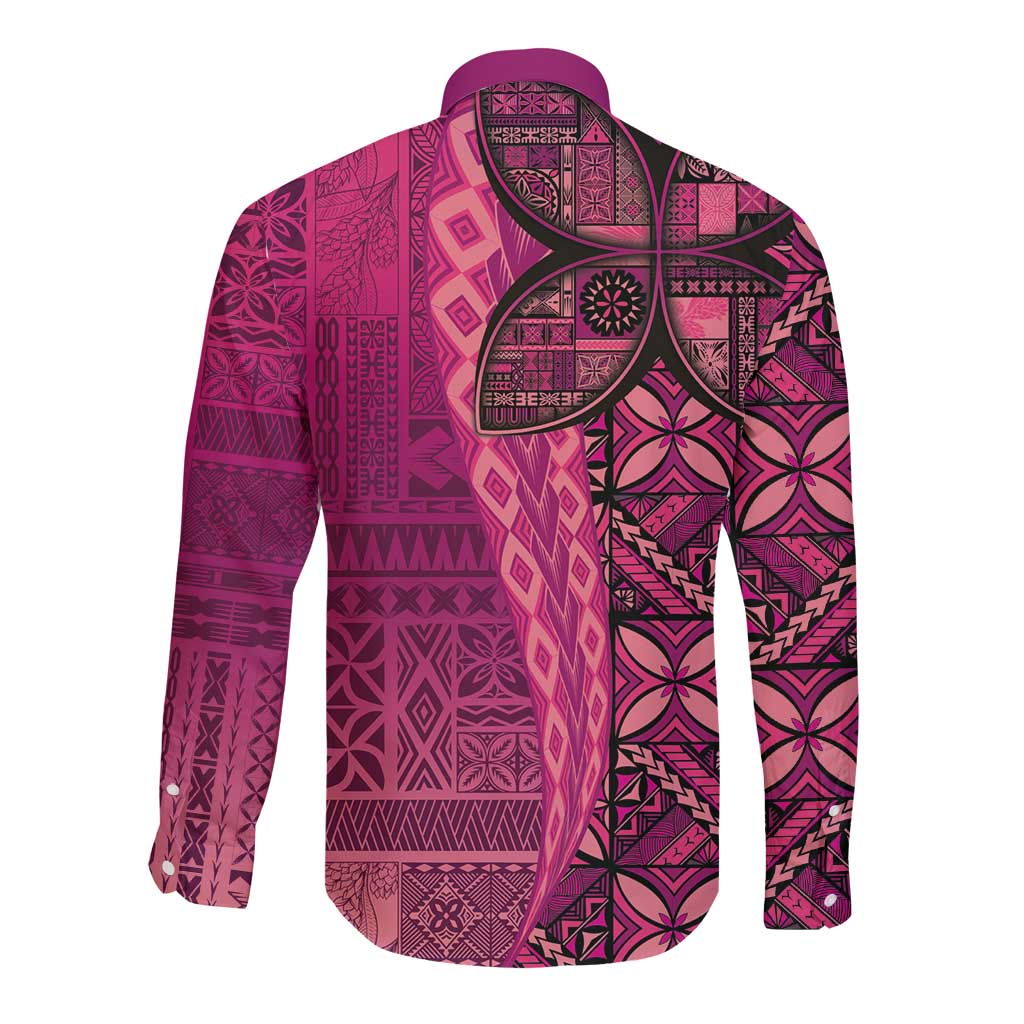Samoan Pacific Tribal Flower Geometric Art Tattoos Long Sleeve Button Shirt Siapo Pattern Romantic Rose - Polynesian Pride
