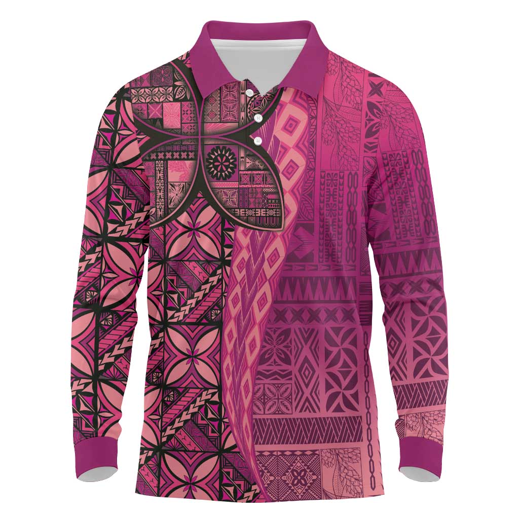 Samoan Pacific Tribal Flower Geometric Art Tattoos Long Sleeve Polo Shirt Siapo Pattern Romantic Rose - Polynesian Pride