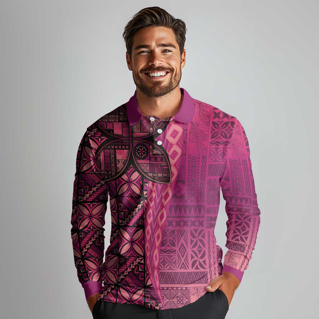 Samoan Pacific Tribal Flower Geometric Art Tattoos Long Sleeve Polo Shirt Siapo Pattern Romantic Rose - Polynesian Pride
