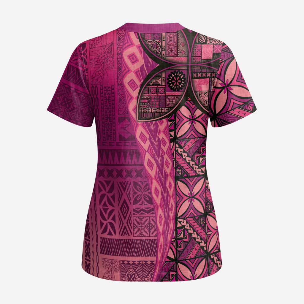 Samoan Pacific Tribal Flower Geometric Art Tattoos Scrub Top Siapo Pattern Romantic Rose - Polynesian Pride