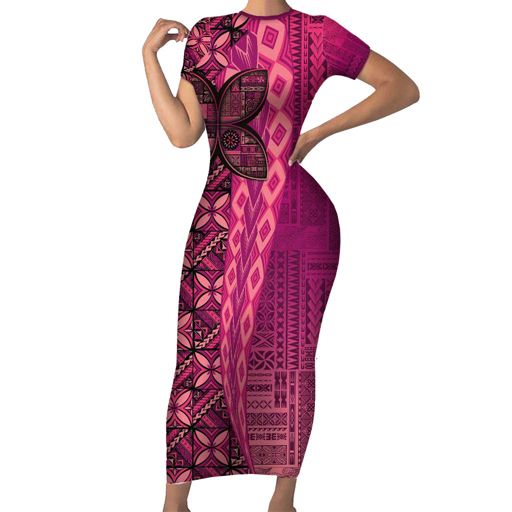 Samoan Pacific Tribal Flower Geometric Art Tattoos Short Sleeve Bodycon Dress Siapo Pattern Romantic Rose - Polynesian Pride