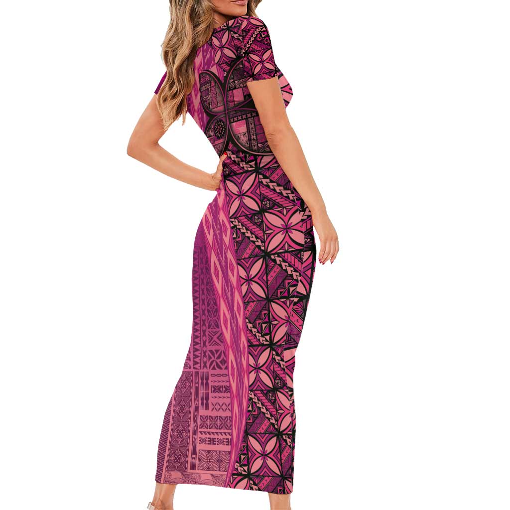Samoan Pacific Tribal Flower Geometric Art Tattoos Short Sleeve Bodycon Dress Siapo Pattern Romantic Rose - Polynesian Pride