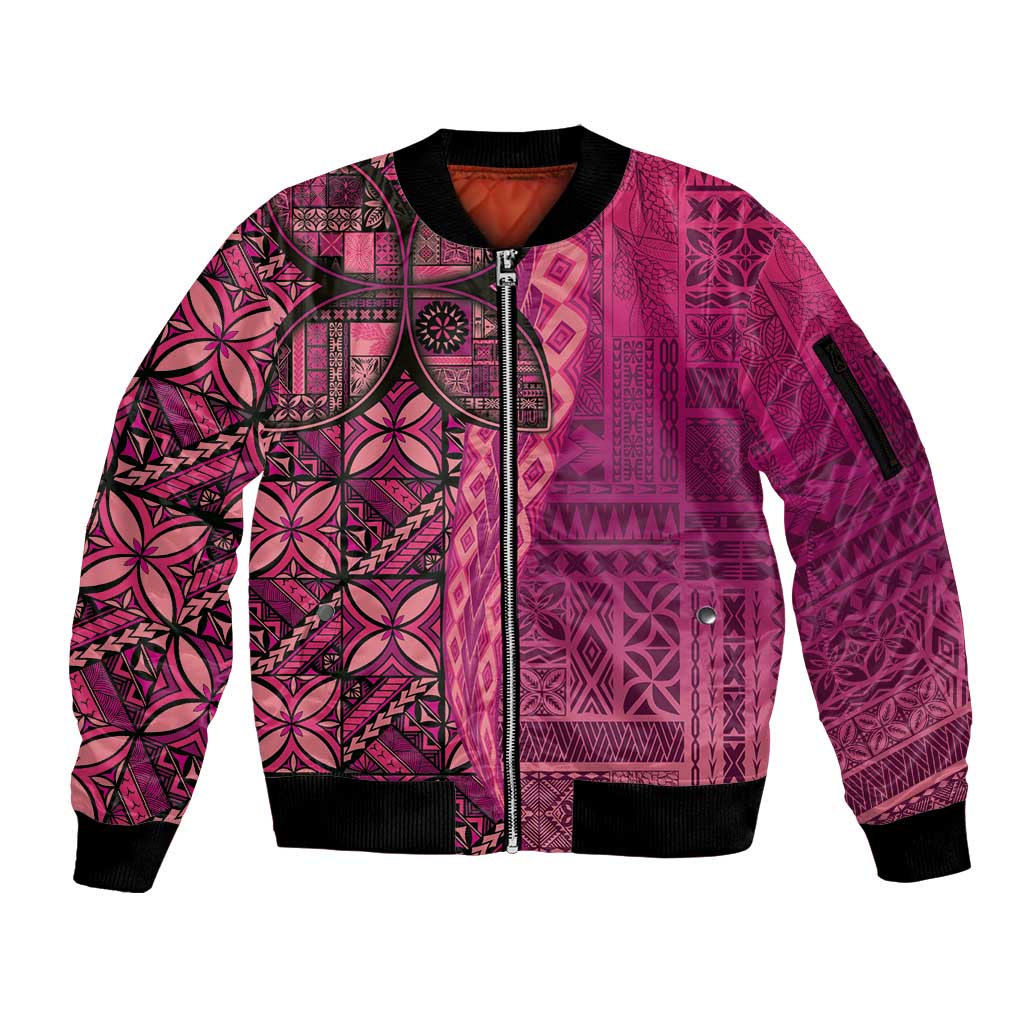 Samoan Pacific Tribal Flower Geometric Art Tattoos Sleeve Zip Bomber Jacket Siapo Pattern Romantic Rose - Polynesian Pride
