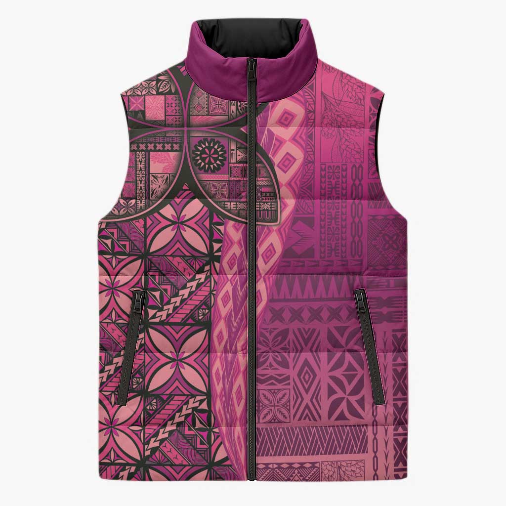 Samoan Pacific Tribal Flower Geometric Art Tattoos Sleeveless Puffer Jacket Siapo Pattern Romantic Rose - Polynesian Pride