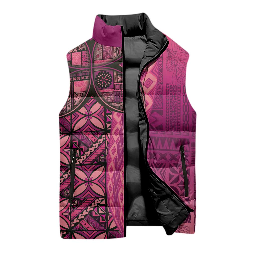 Samoan Pacific Tribal Flower Geometric Art Tattoos Sleeveless Puffer Jacket Siapo Pattern Romantic Rose - Polynesian Pride