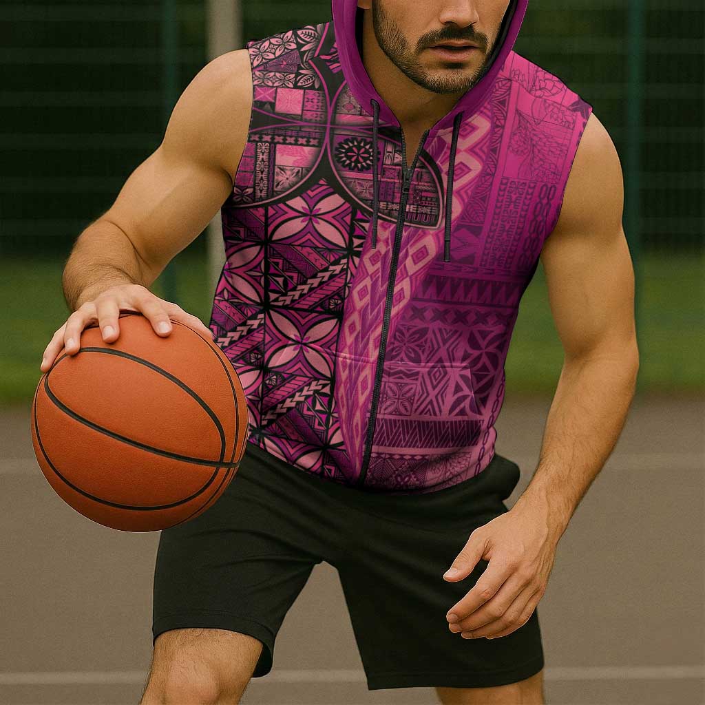 Samoan Pacific Tribal Flower Geometric Art Tattoos Sleeveless Zip Hoodie Siapo Pattern Romantic Rose - Polynesian Pride