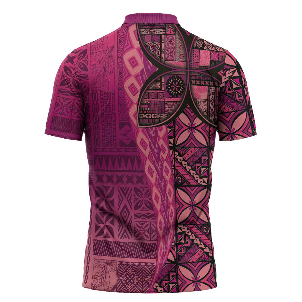 Samoan Pacific Tribal Flower Geometric Art Tattoos Zipper Polo Shirt Siapo Pattern Romantic Rose - Polynesian Pride