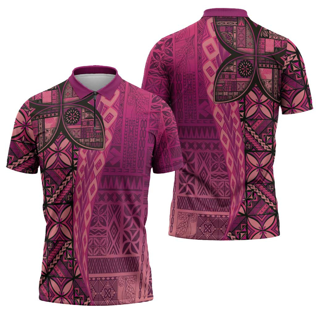 Samoan Pacific Tribal Flower Geometric Art Tattoos Zipper Polo Shirt Siapo Pattern Romantic Rose - Polynesian Pride