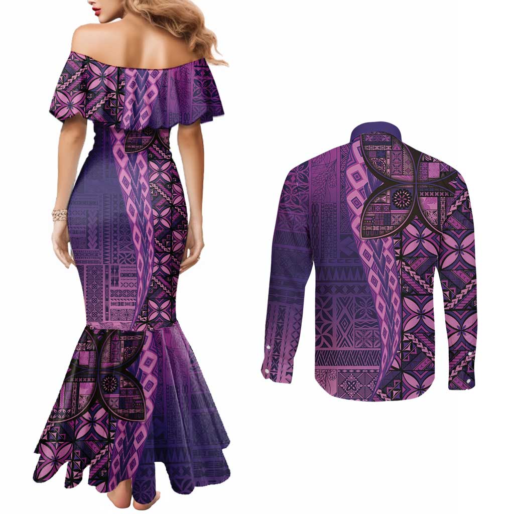 Samoan Pacific Tribal Flower Geometric Art Tattoos Couples Matching Mermaid Dress and Long Sleeve Button Shirt Siapo Pattern Purple Haze - Polynesian Pride