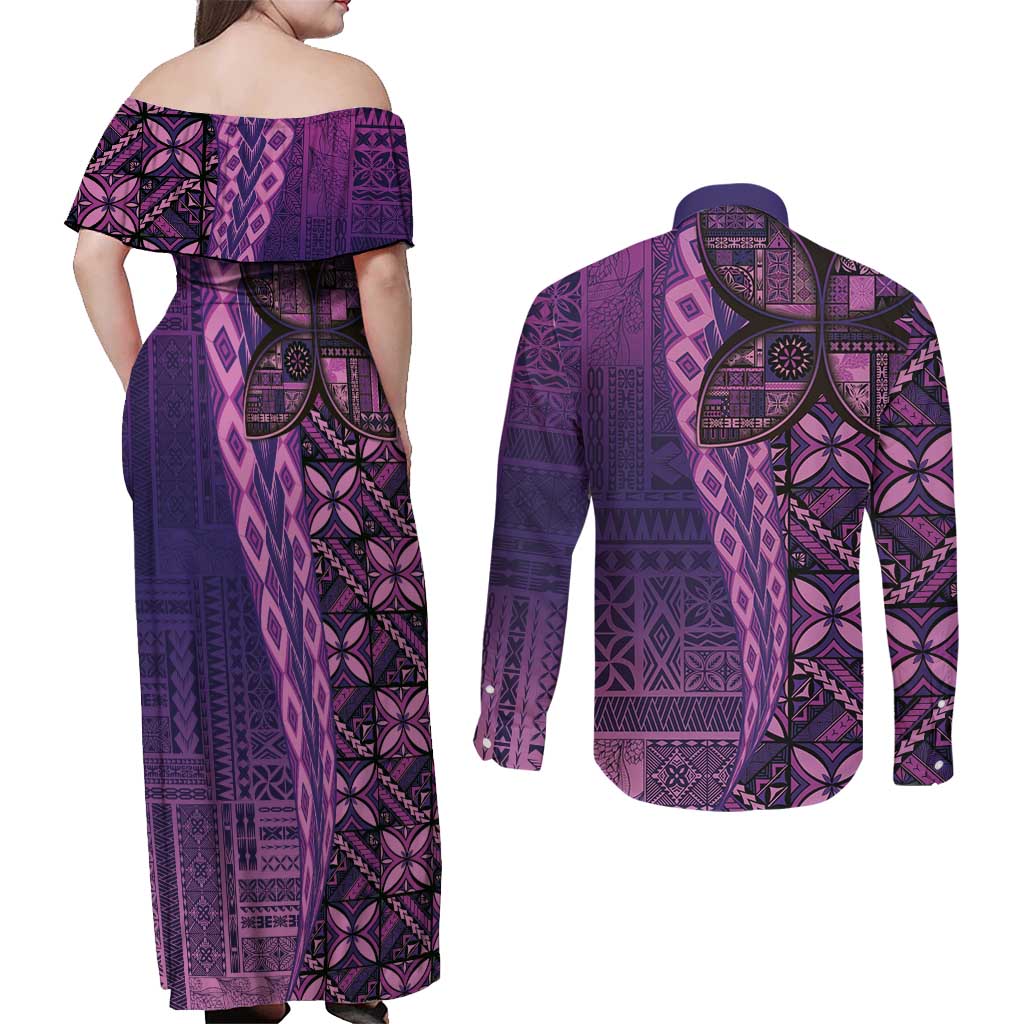 Samoan Pacific Tribal Flower Geometric Art Tattoos Couples Matching Off Shoulder Maxi Dress and Long Sleeve Button Shirt Siapo Pattern Purple Haze - Polynesian Pride