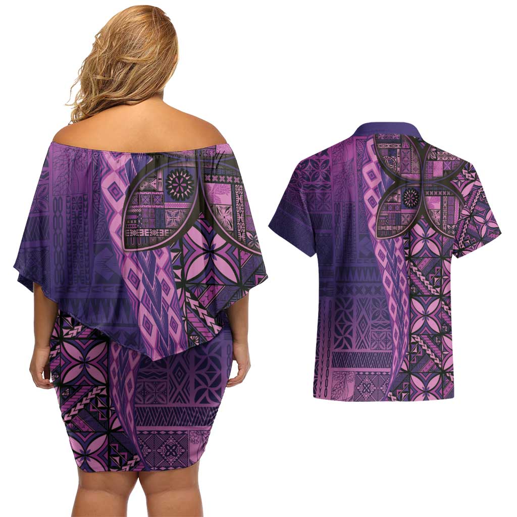 Samoan Pacific Tribal Flower Geometric Art Tattoos Couples Matching Off Shoulder Short Dress and Hawaiian Shirt Siapo Pattern Purple Haze - Polynesian Pride