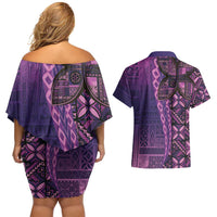Samoan Pacific Tribal Flower Geometric Art Tattoos Couples Matching Off Shoulder Short Dress and Hawaiian Shirt Siapo Pattern Purple Haze - Polynesian Pride