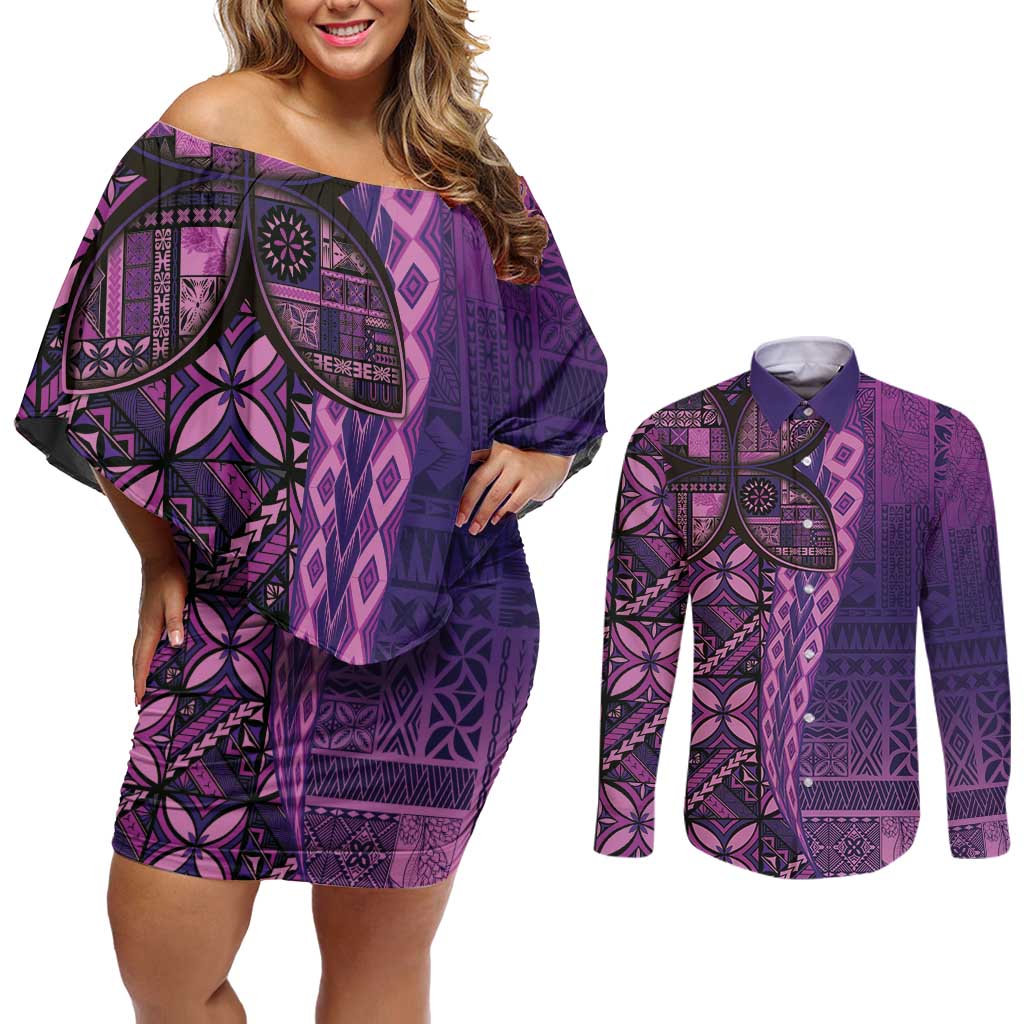 Samoan Pacific Tribal Flower Geometric Art Tattoos Couples Matching Off Shoulder Short Dress and Long Sleeve Button Shirt Siapo Pattern Purple Haze - Polynesian Pride