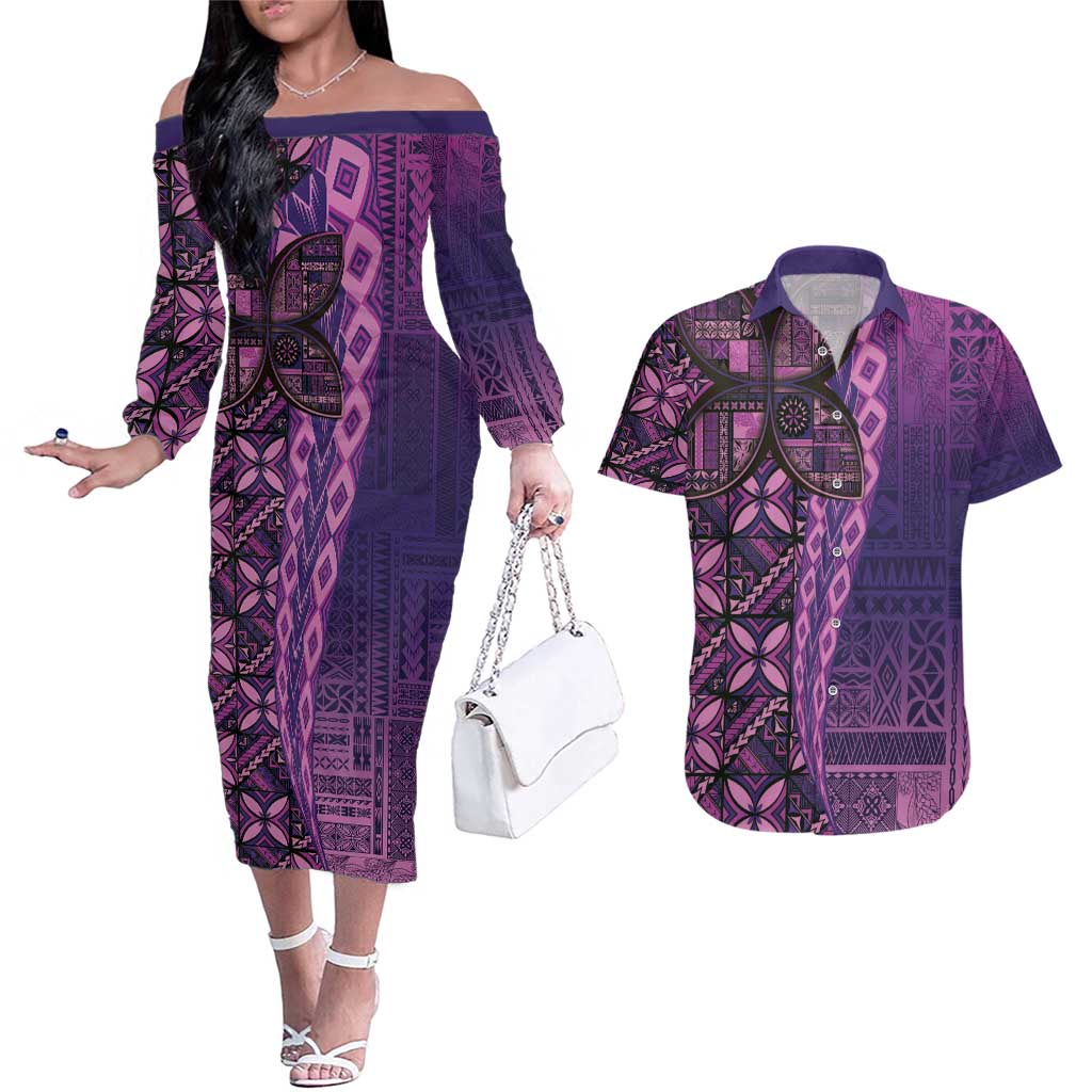 Samoan Pacific Tribal Flower Geometric Art Tattoos Couples Matching Off The Shoulder Long Sleeve Dress and Hawaiian Shirt Siapo Pattern Purple Haze - Polynesian Pride