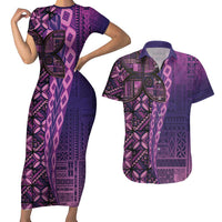 Samoan Pacific Tribal Flower Geometric Art Tattoos Couples Matching Short Sleeve Bodycon Dress and Hawaiian Shirt Siapo Pattern Purple Haze - Polynesian Pride