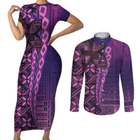 Samoan Pacific Tribal Flower Geometric Art Tattoos Couples Matching Short Sleeve Bodycon Dress and Long Sleeve Button Shirt Siapo Pattern Purple Haze - Polynesian Pride
