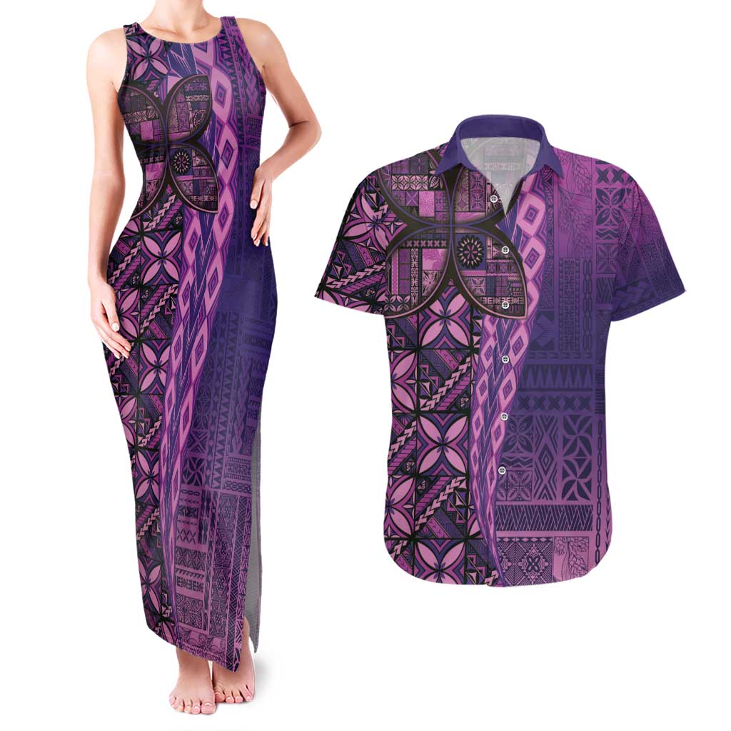 Samoan Pacific Tribal Flower Geometric Art Tattoos Couples Matching Tank Maxi Dress and Hawaiian Shirt Siapo Pattern Purple Haze - Polynesian Pride