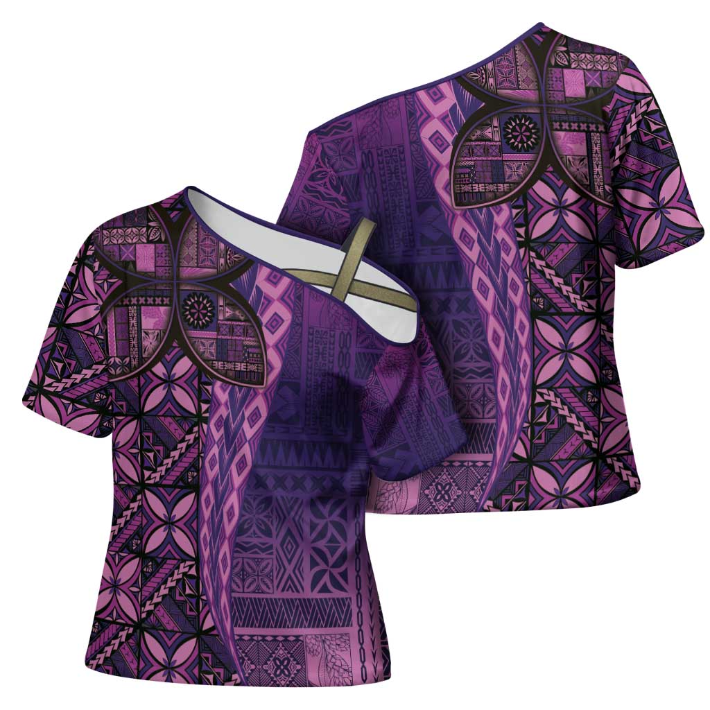 Samoan Pacific Tribal Flower Geometric Art Tattoos Cross Shoulder Shirt Siapo Pattern Purple Haze - Polynesian Pride