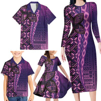 Samoan Pacific Tribal Flower Geometric Art Tattoos Family Matching Long Sleeve Bodycon Dress and Hawaiian Shirt Siapo Pattern Purple Haze - Polynesian Pride