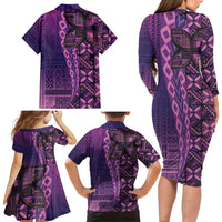 Samoan Pacific Tribal Flower Geometric Art Tattoos Family Matching Long Sleeve Bodycon Dress and Hawaiian Shirt Siapo Pattern Purple Haze - Polynesian Pride