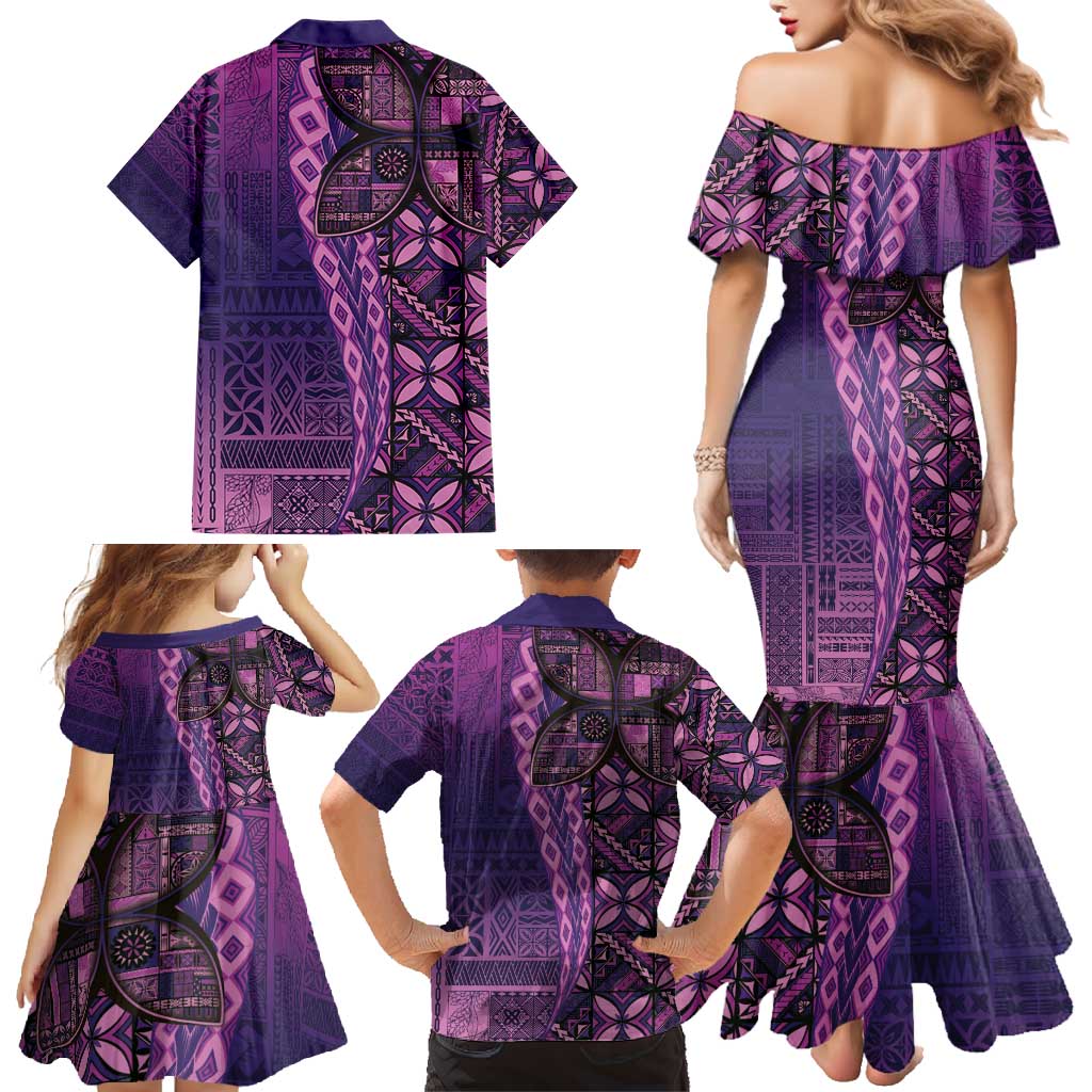 Samoan Pacific Tribal Flower Geometric Art Tattoos Family Matching Mermaid Dress and Hawaiian Shirt Siapo Pattern Purple Haze - Polynesian Pride