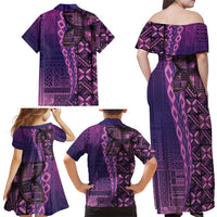 Samoan Pacific Tribal Flower Geometric Art Tattoos Family Matching Off Shoulder Maxi Dress and Hawaiian Shirt Siapo Pattern Purple Haze - Polynesian Pride
