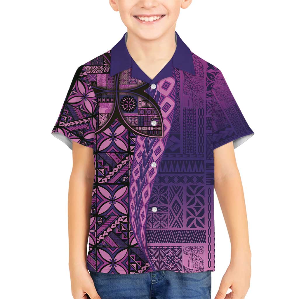 Samoan Pacific Tribal Flower Geometric Art Tattoos Family Matching Off Shoulder Maxi Dress and Hawaiian Shirt Siapo Pattern Purple Haze - Polynesian Pride