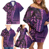 Samoan Pacific Tribal Flower Geometric Art Tattoos Family Matching Off Shoulder Short Dress and Hawaiian Shirt Siapo Pattern Purple Haze - Polynesian Pride