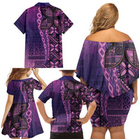 Samoan Pacific Tribal Flower Geometric Art Tattoos Family Matching Off Shoulder Short Dress and Hawaiian Shirt Siapo Pattern Purple Haze - Polynesian Pride