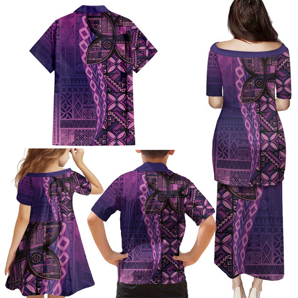 Samoan Pacific Tribal Flower Geometric Art Tattoos Family Matching Puletasi and Hawaiian Shirt Siapo Pattern Purple Haze - Polynesian Pride
